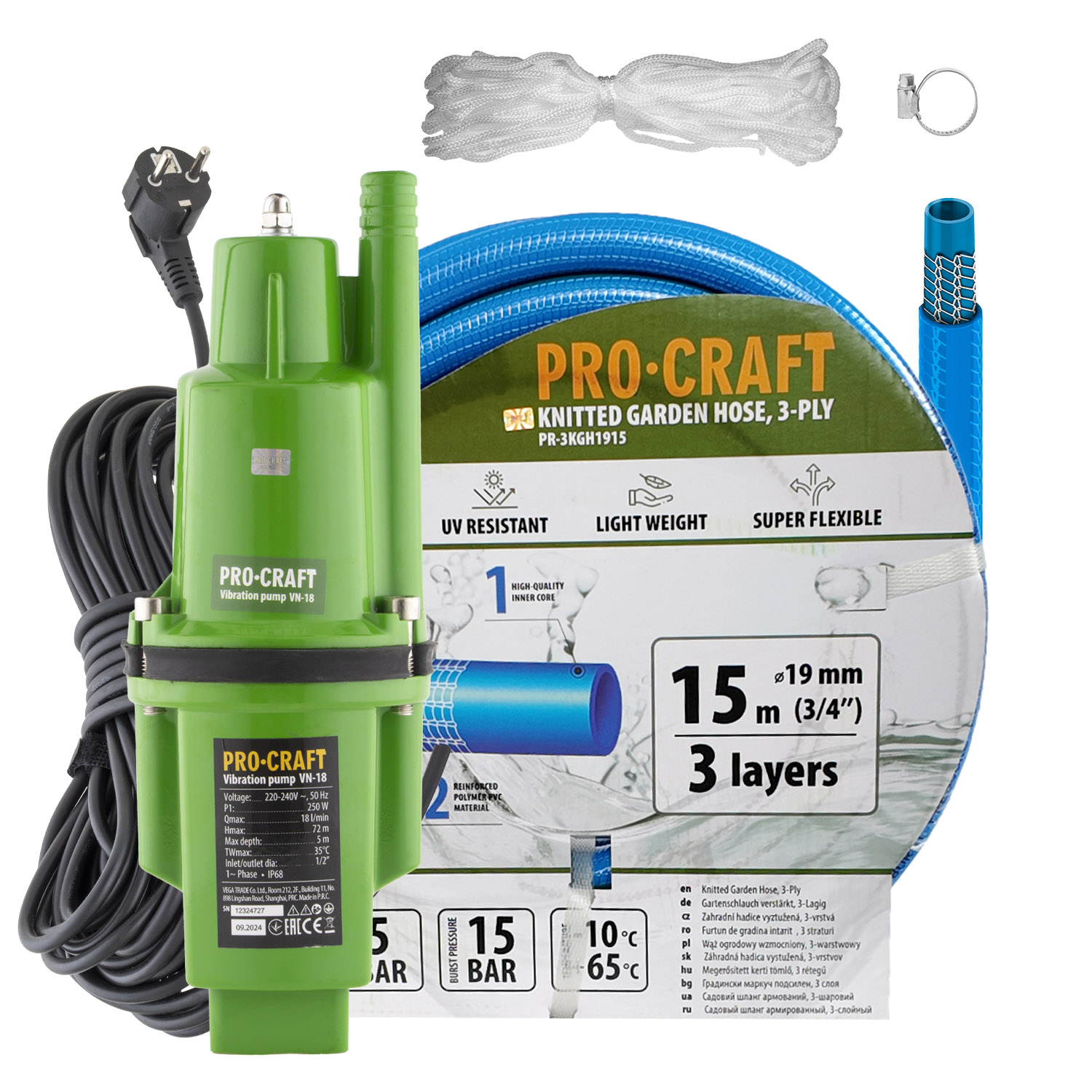 Vibrační čerpadlo Procraft VN-18 sada s hadicí 15m 3/4"