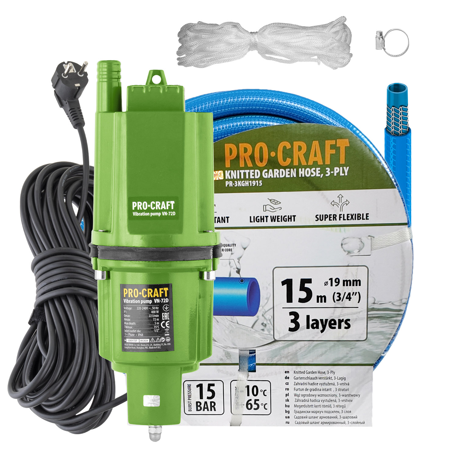 Vibrační čerpadlo Procraft VN-72D sada s hadicí 15m 3/4"