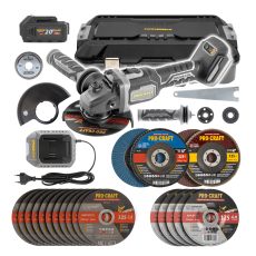 Procraft | Aku bruska úhlová Procraft AG125B + 10x řezný, 4x lamelový, 5x brusný kotouče, rychloupínací matice | SAG125B-CD