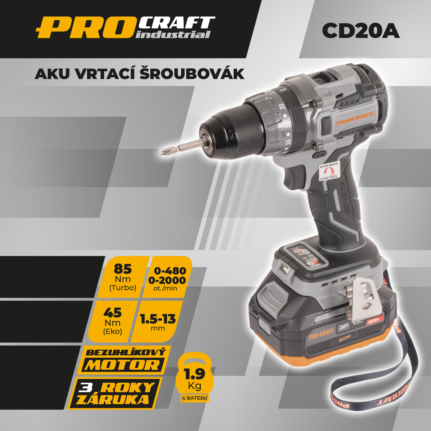 Sada aku vrtací šroubovák Procraft Industrial CD20Abb se 2 bateriemi a příslušenstvím v tašce