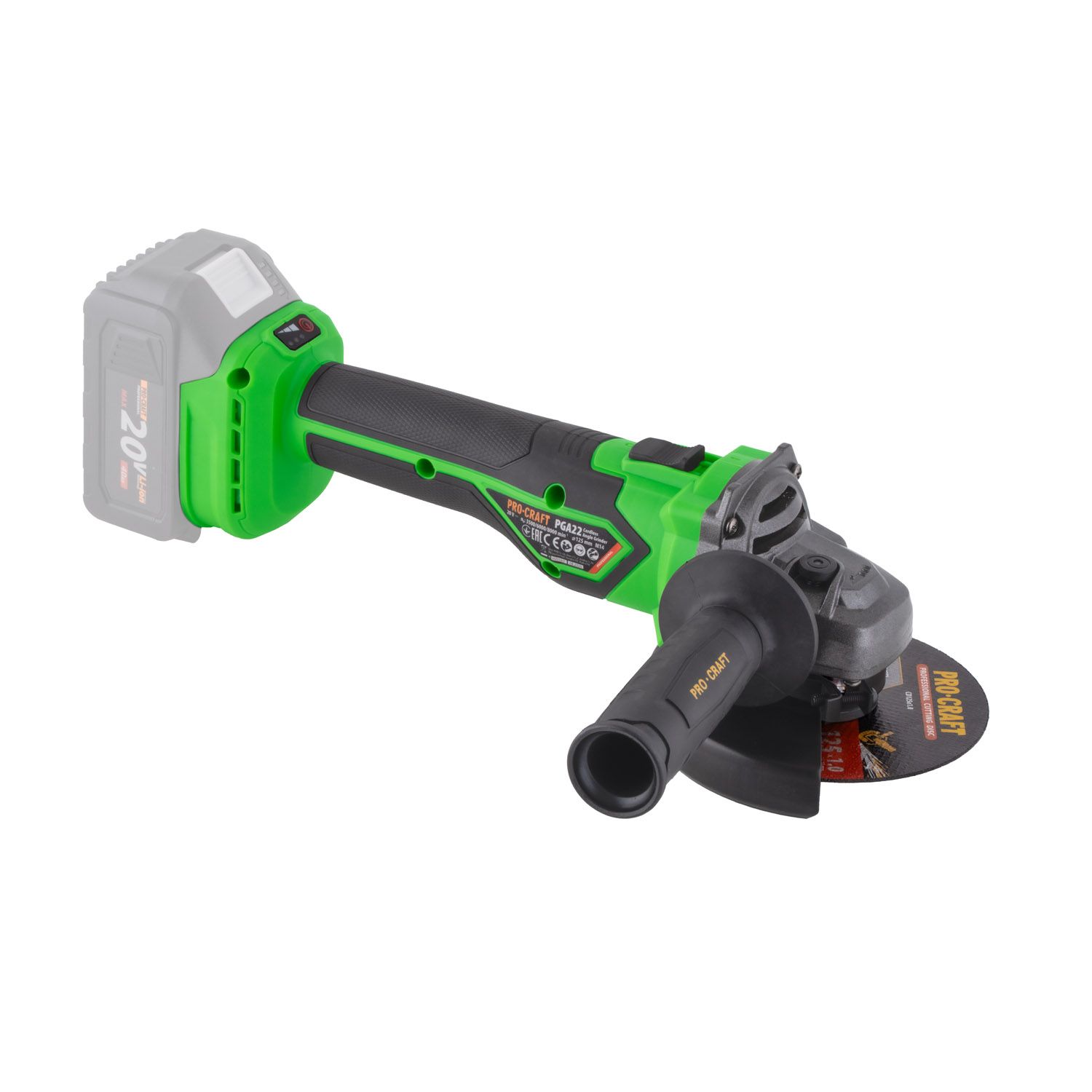 Aku úhlová bruska Procraft PGA22 (bez baterie a nabíječky), 125mm